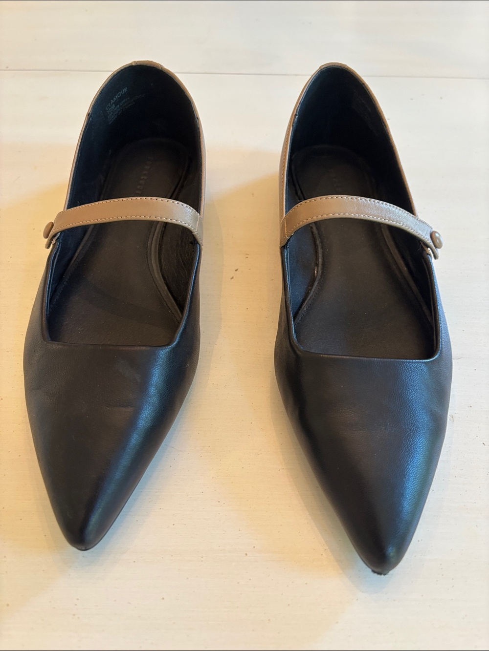 Sanctuary Black Pointed Mary Jane Flats with Tan Strap